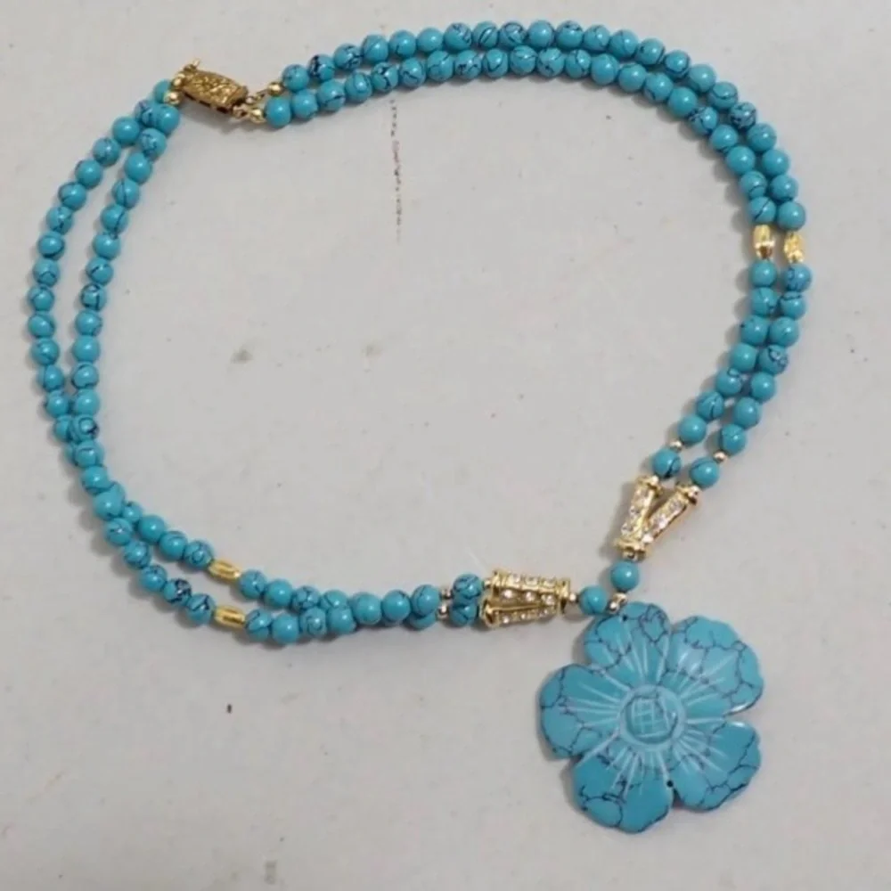 Blue Dyed Howlite Bead & Gold Tone Double Strand Necklace w/ Flower Pendant 17”